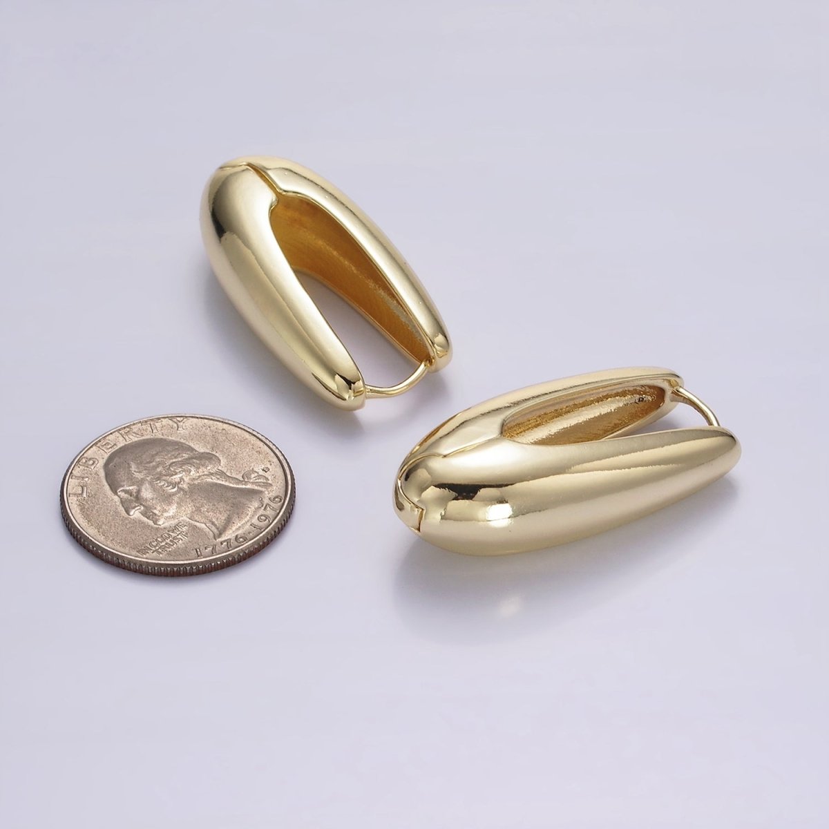 14K Gold plated U-Shaped Oblong Dome Hoop Earrings | AE256 - DLUXCA