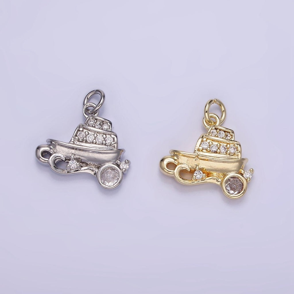 14K Gold plated Vehicle Motor Sea Boat CZ Micro Paved Charm in Gold & Silver | W537