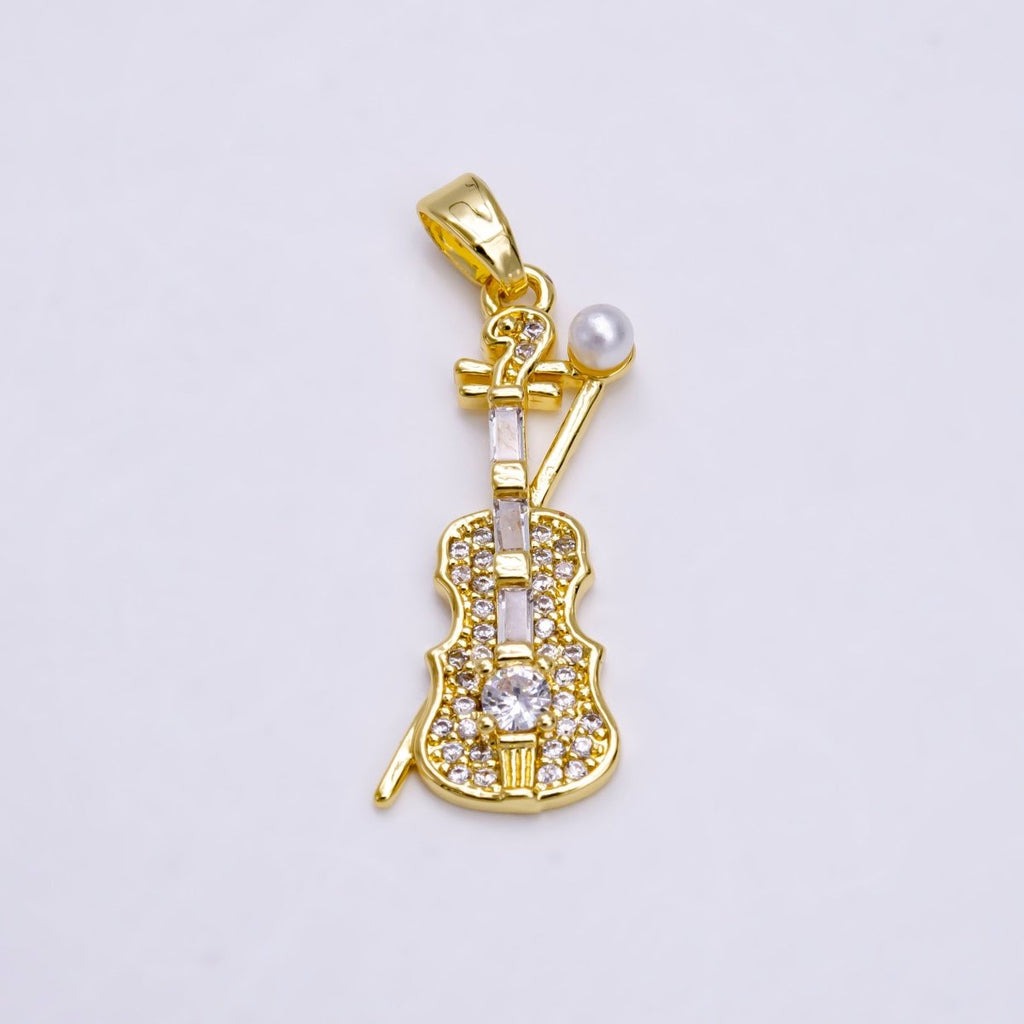 14K Gold plated Violin Music Instrument Pearl Clear Baguette Micro Paved CZ Pendant | N1458 - DLUXCA