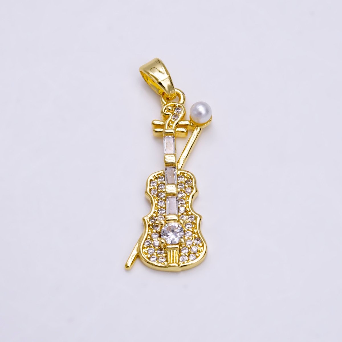 14K Gold plated Violin Music Instrument Pearl Clear Baguette Micro Paved CZ Pendant | N1458 - DLUXCA