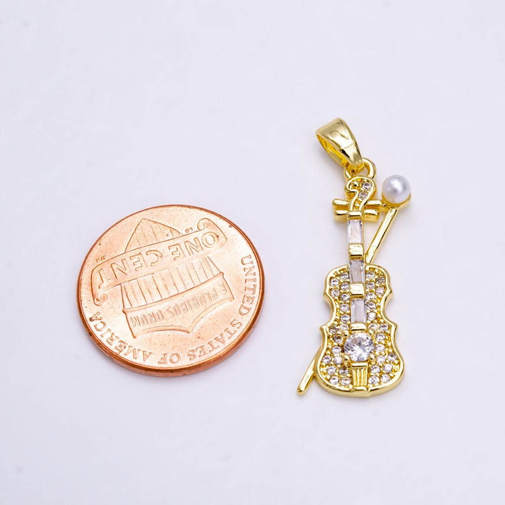 14K Gold plated Violin Music Instrument Pearl Clear Baguette Micro Paved CZ Pendant | N1458 - DLUXCA
