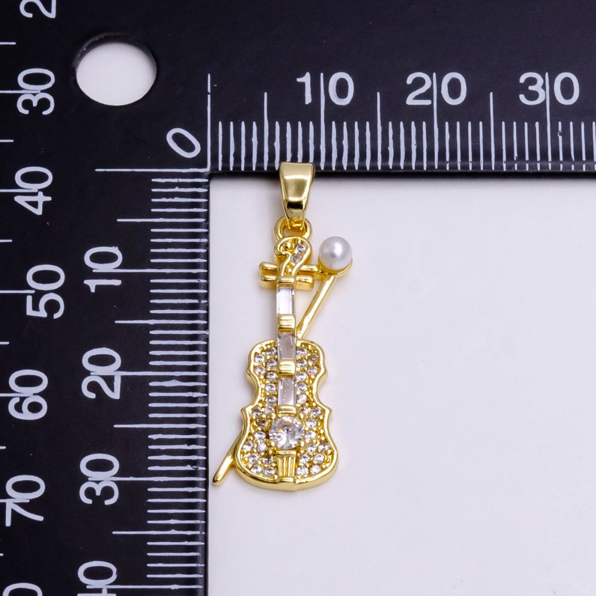14K Gold plated Violin Music Instrument Pearl Clear Baguette Micro Paved CZ Pendant | N1458 - DLUXCA