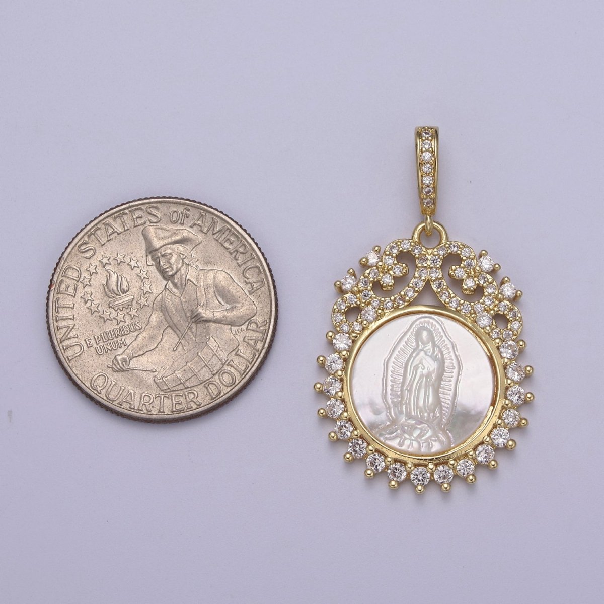 14k Gold plated Virgen de Guadalupe necklace Pendant Micro Pave religious jewelry Pearl Virgin Mary jewelry, Our lady of Guadalupe pendant H-516 - DLUXCA