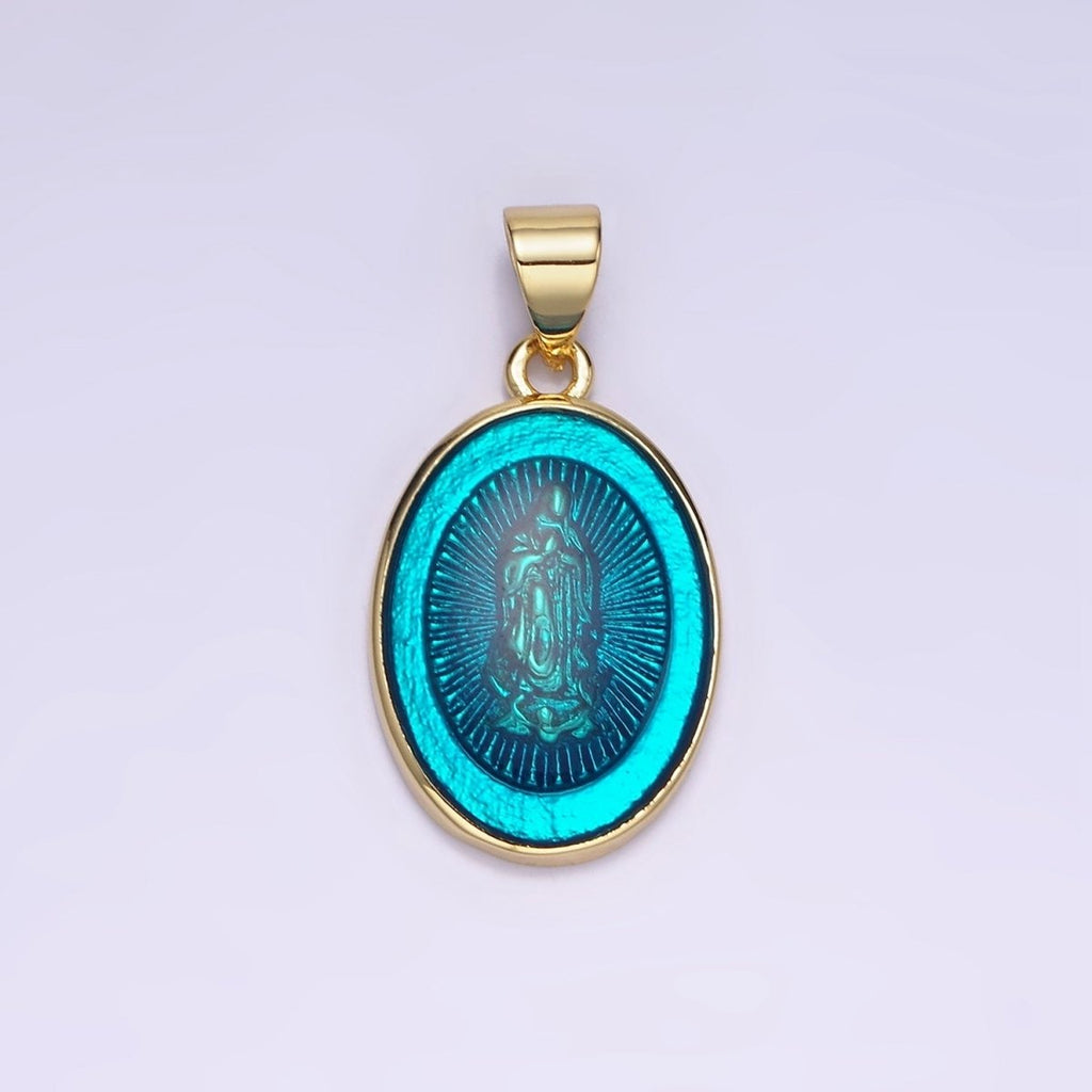 14K Gold plated Virgin Mary Colorful Resin Oval Medallion Charm Lady Guadalupe Pendant AA-1140 - DLUXCA