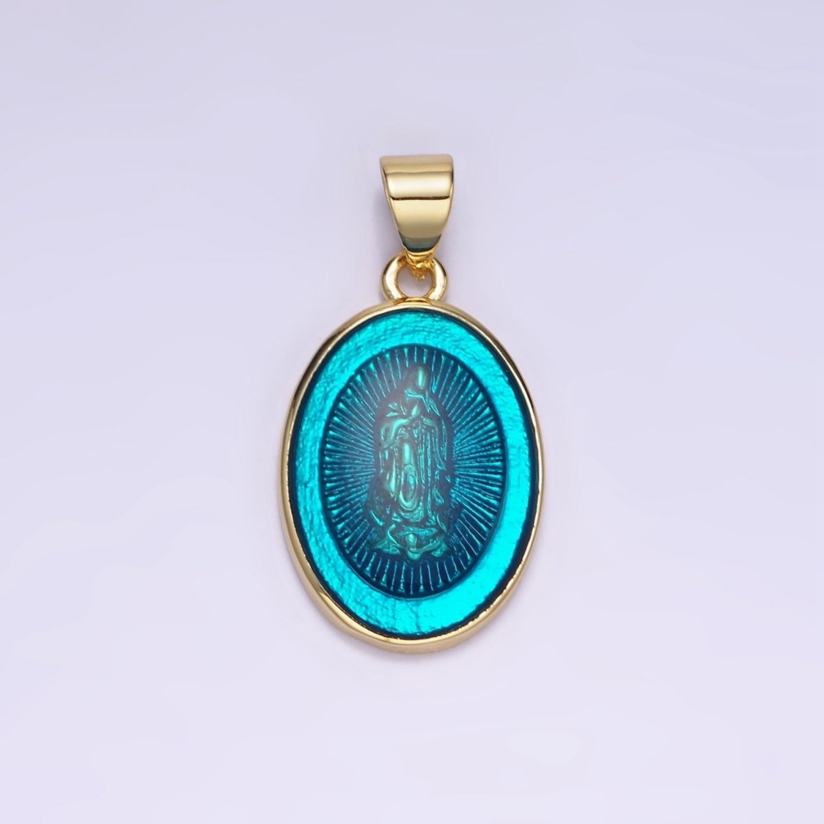 14K Gold plated Virgin Mary Colorful Resin Oval Medallion Charm Lady Guadalupe Pendant AA-1140 - DLUXCA