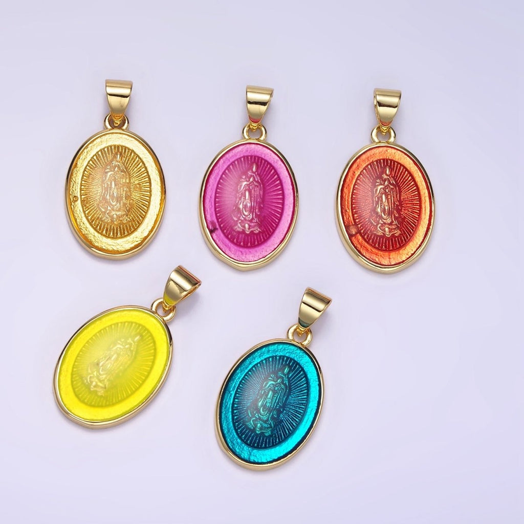 14K Gold plated Virgin Mary Colorful Resin Oval Medallion Charm Lady Guadalupe Pendant AA-1140 - DLUXCA