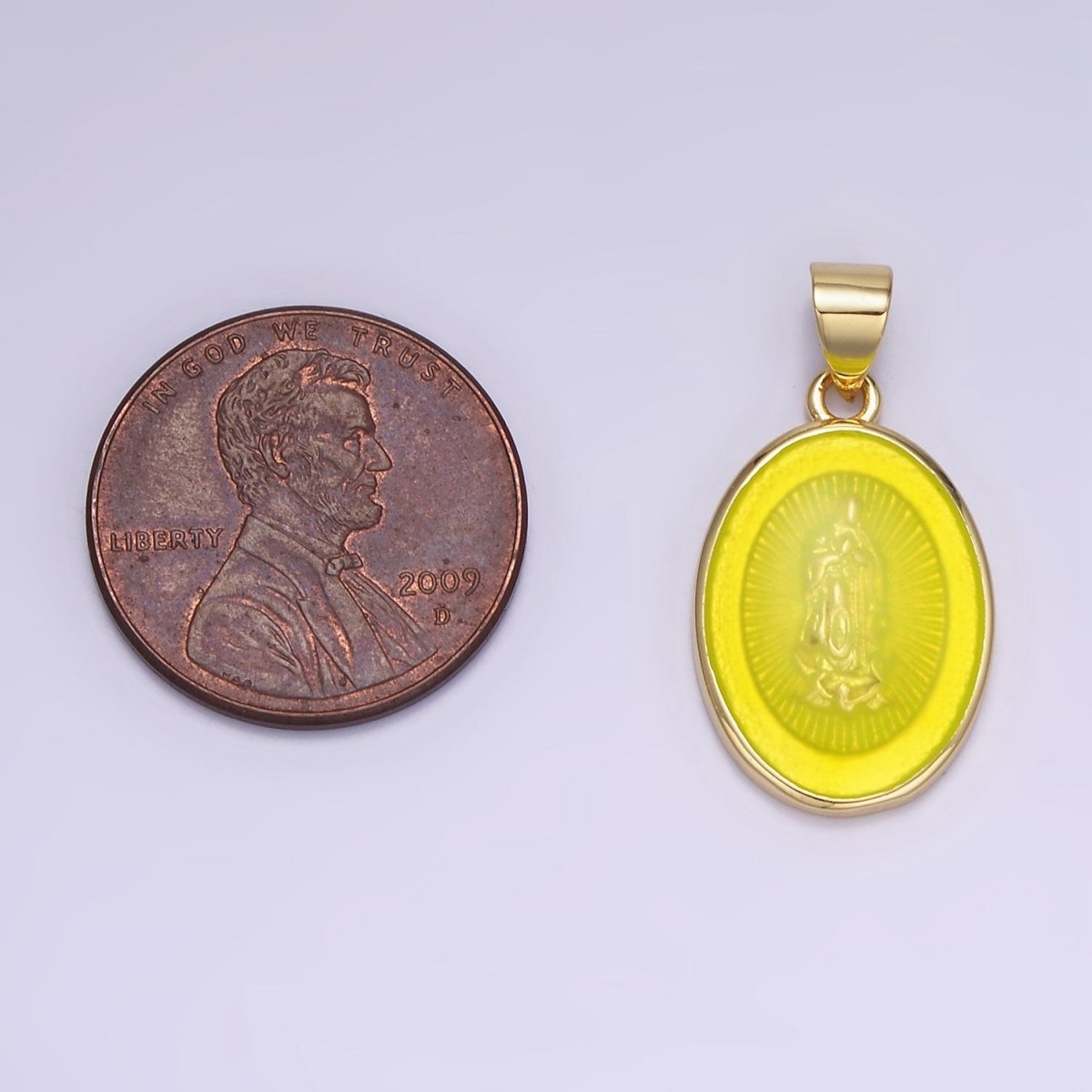 14K Gold plated Virgin Mary Colorful Resin Oval Medallion Charm Lady Guadalupe Pendant AA-1140 - DLUXCA