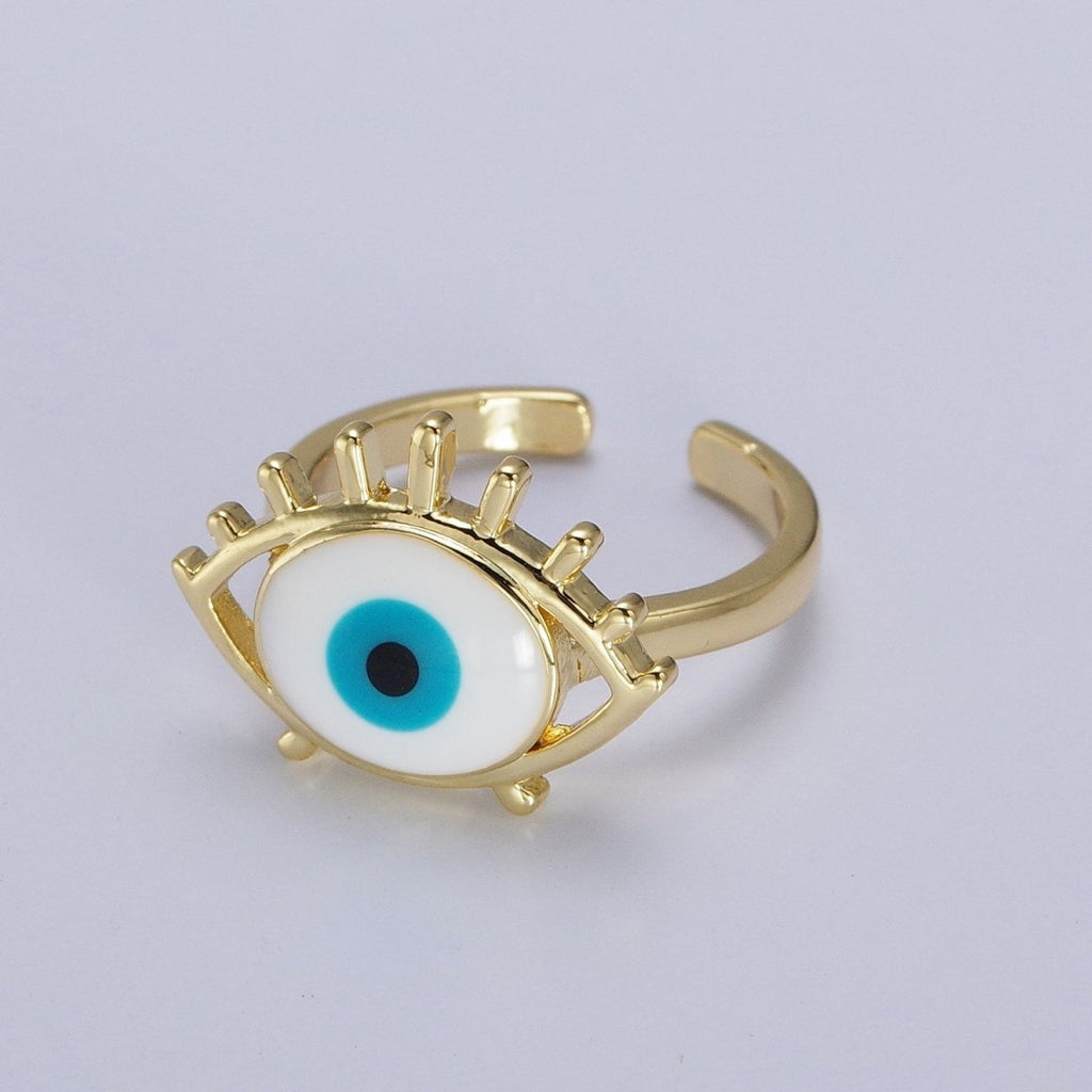 14K Gold plated White, Blue Evil Eye Enamel Adjustable Ring | O-194 O-195