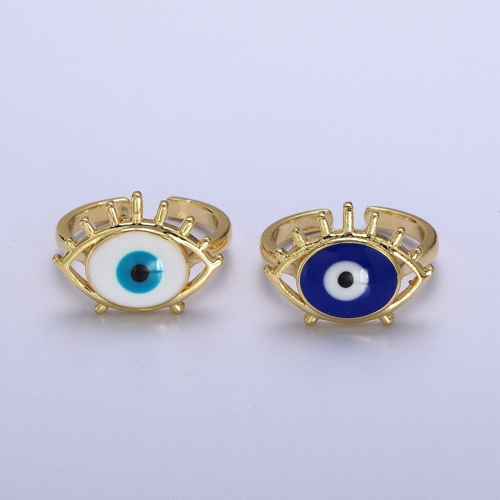 14K Gold plated White, Blue Evil Eye Enamel Adjustable Ring | O-194 O-195