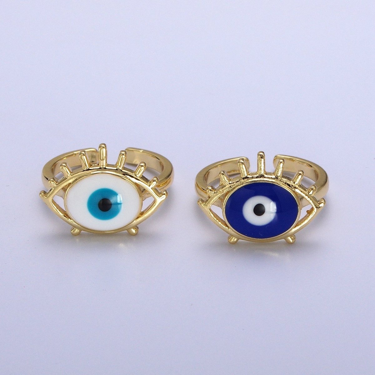 14K Gold plated White, Blue Evil Eye Enamel Adjustable Ring | O-194 O-195
