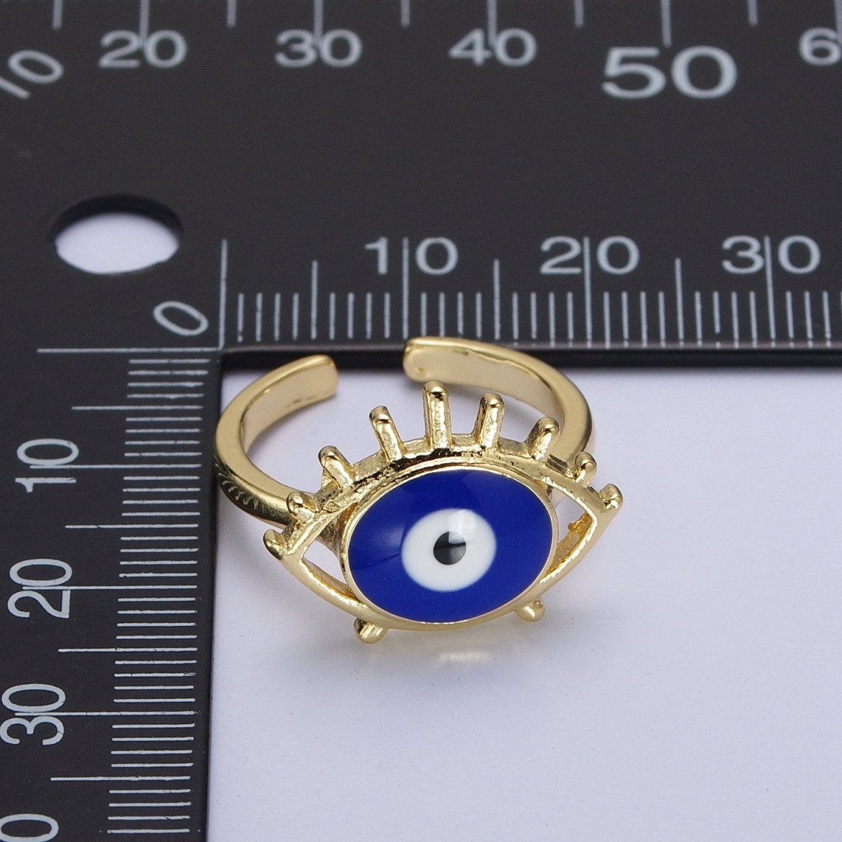 14K Gold plated White, Blue Evil Eye Enamel Adjustable Ring | O-194 O-195