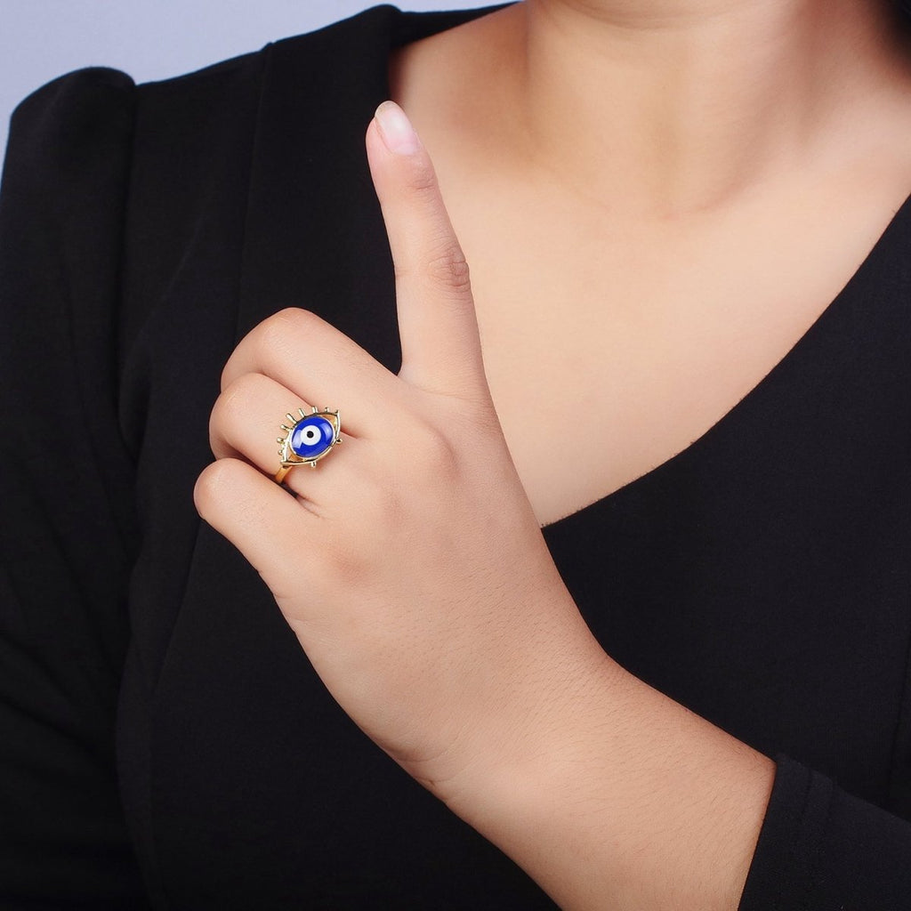 14K Gold plated White, Blue Evil Eye Enamel Adjustable Ring | O-194 O-195