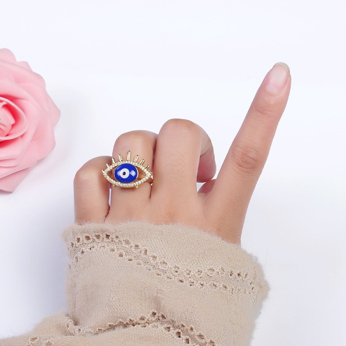 14K Gold plated White, Blue Evil Eye Enamel Adjustable Ring | O-194 O-195