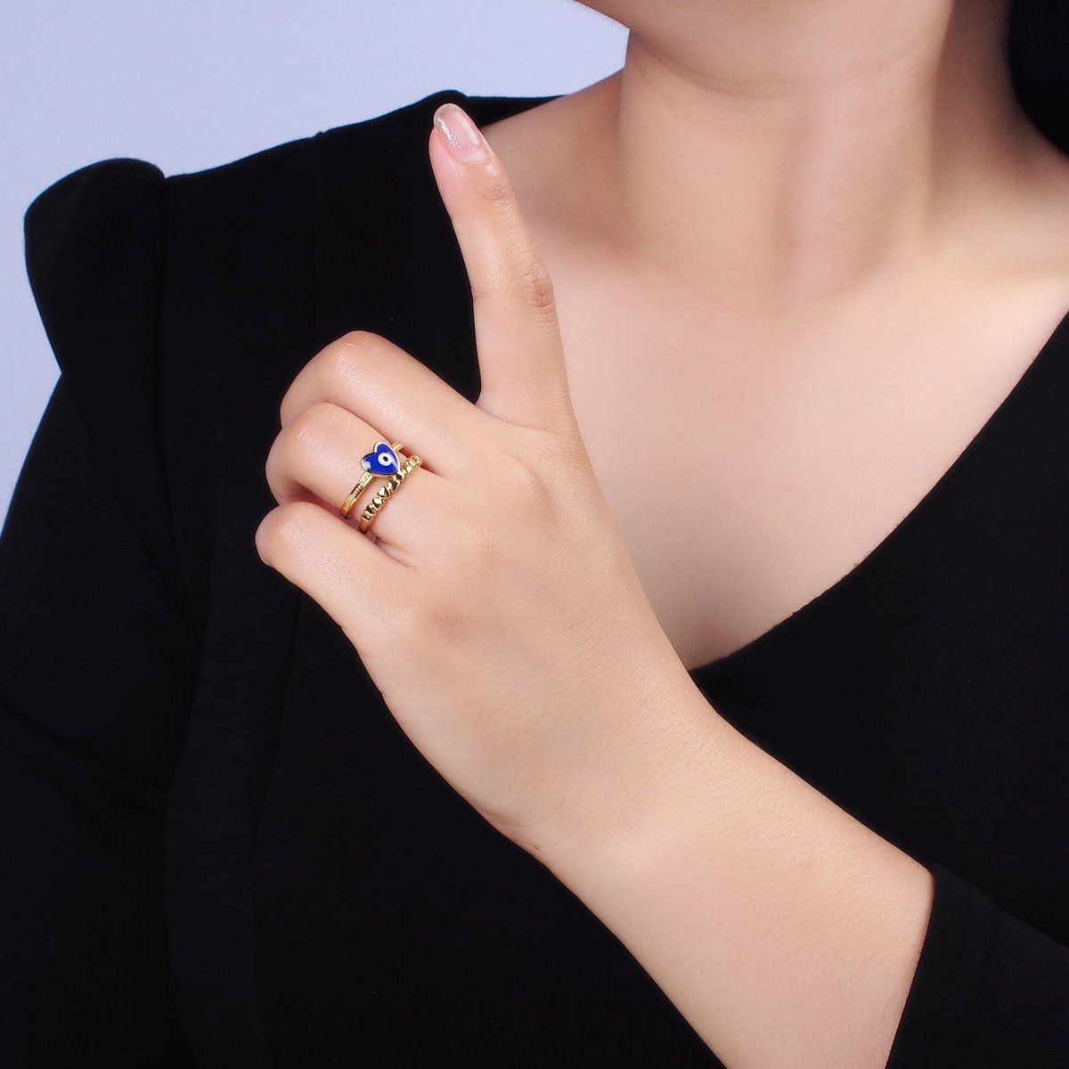 14K Gold plated White, Blue Evil Eye Heart Beaded Double Band Ring | O-582 O-583 - DLUXCA