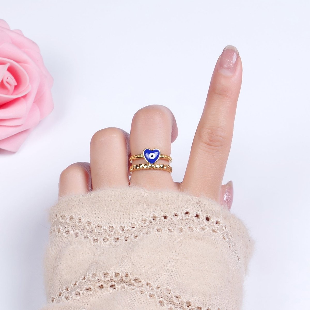 14K Gold plated White, Blue Evil Eye Heart Beaded Double Band Ring | O-582 O-583 - DLUXCA