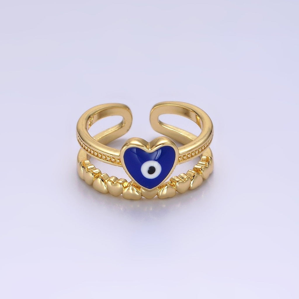 14K Gold plated White, Blue Evil Eye Heart Beaded Double Band Ring | O-582 O-583 - DLUXCA