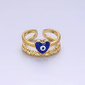 14K Gold plated White, Blue Evil Eye Heart Beaded Double Band Ring | O-582 O-583 - DLUXCA