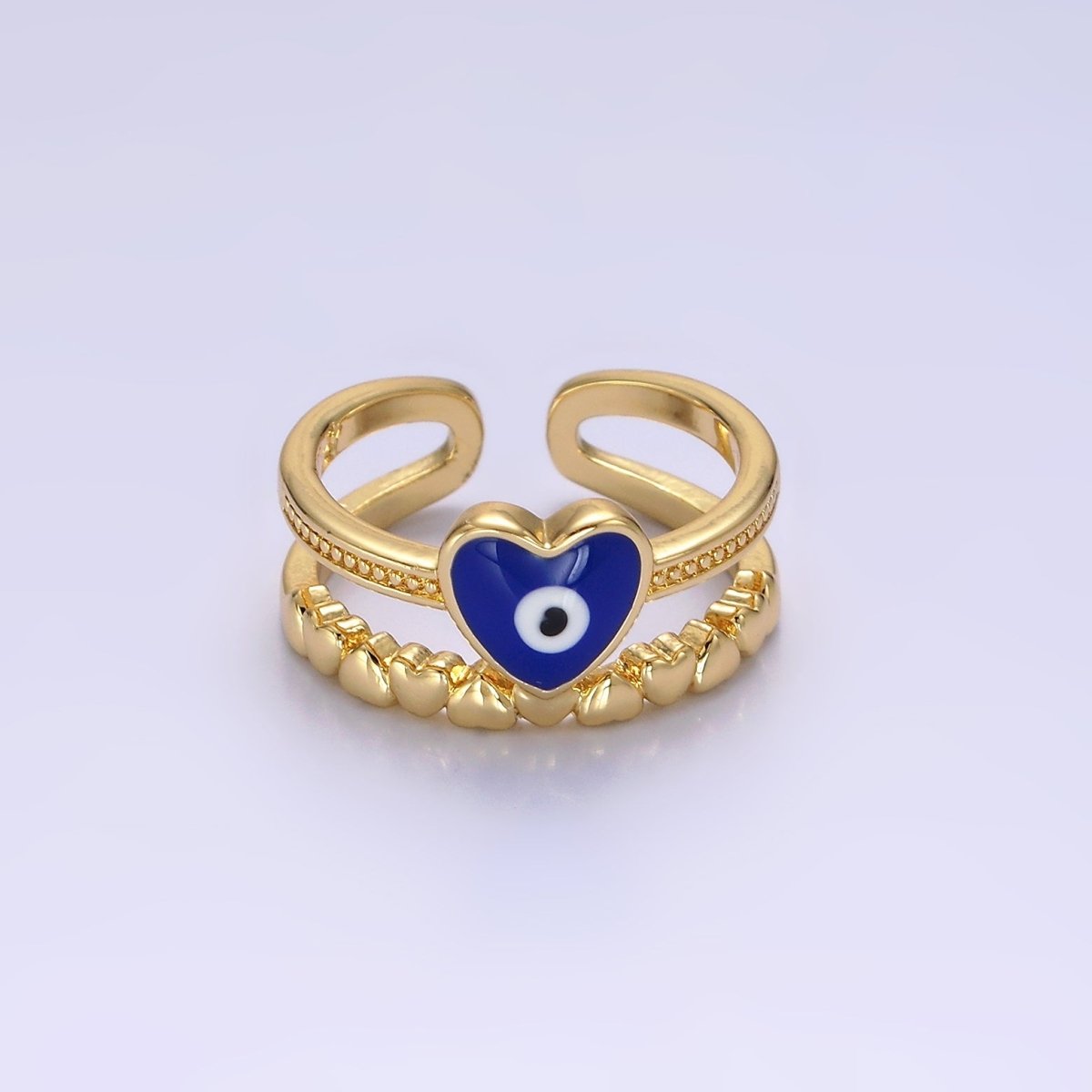 14K Gold plated White, Blue Evil Eye Heart Beaded Double Band Ring | O-582 O-583 - DLUXCA