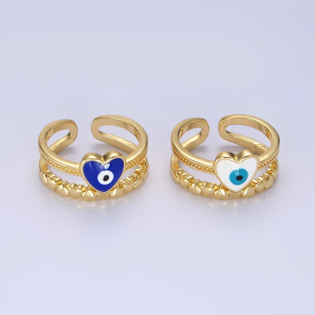 14K Gold plated White, Blue Evil Eye Heart Beaded Double Band Ring | O-582 O-583 - DLUXCA