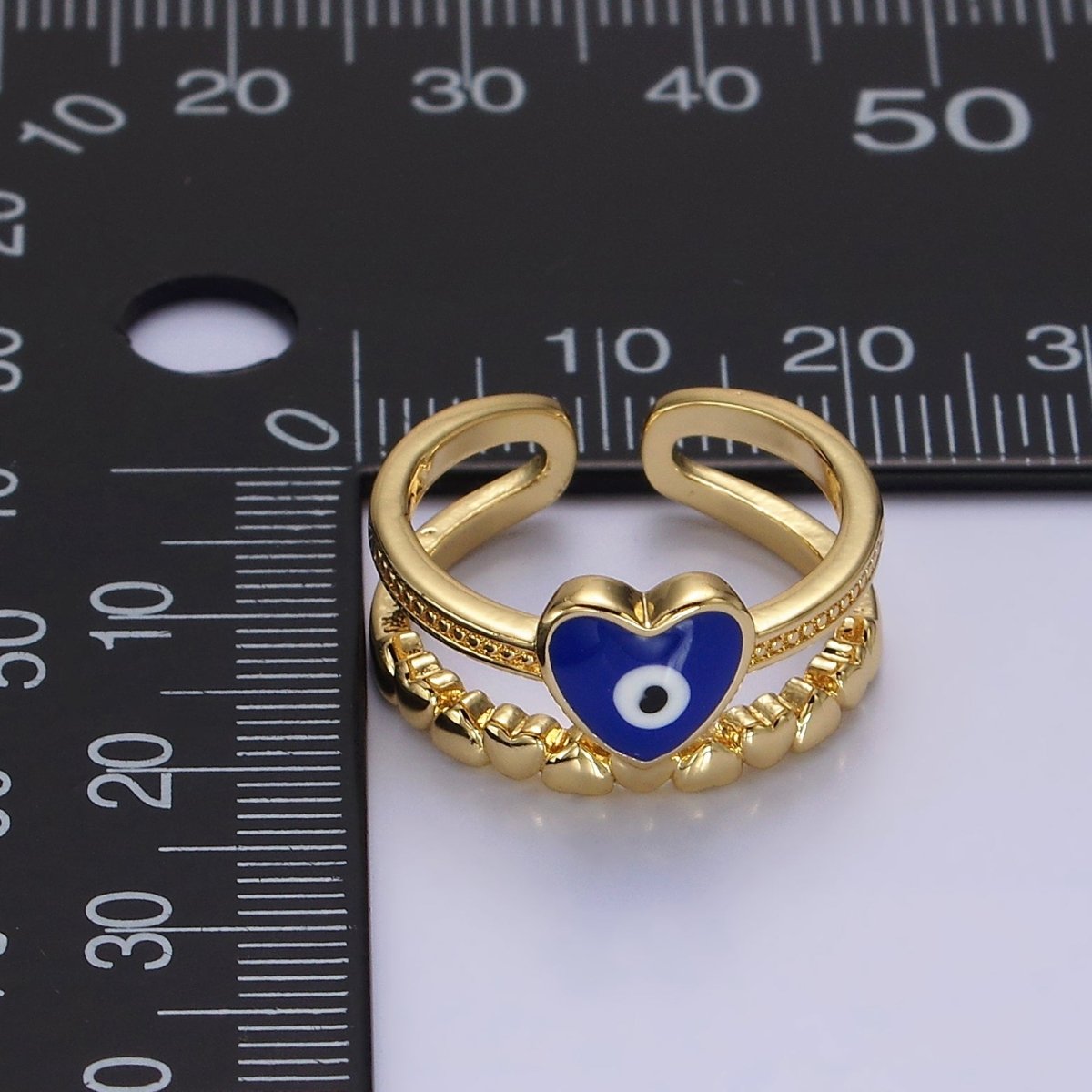 14K Gold plated White, Blue Evil Eye Heart Beaded Double Band Ring | O-582 O-583 - DLUXCA