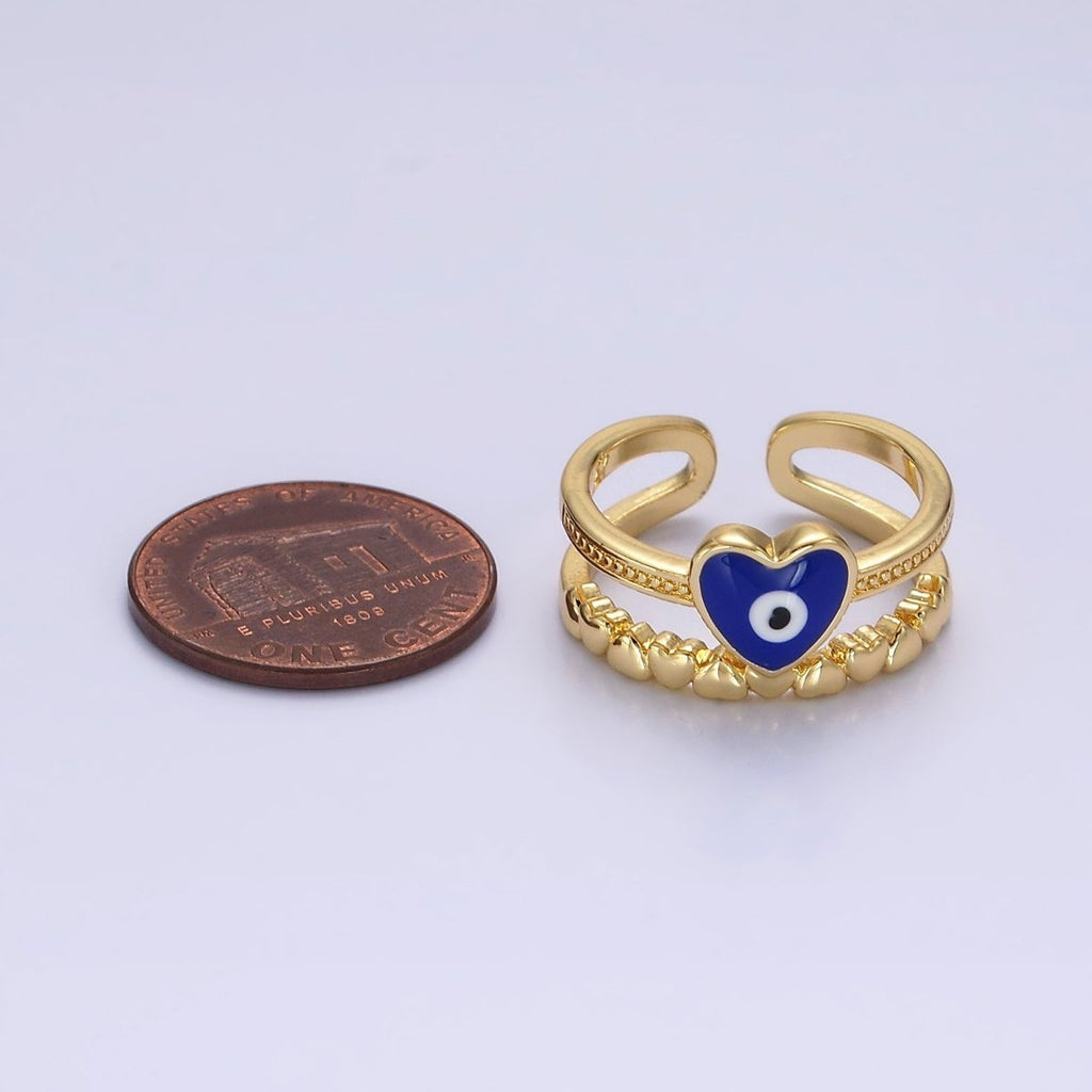 14K Gold plated White, Blue Evil Eye Heart Beaded Double Band Ring | O-582 O-583 - DLUXCA