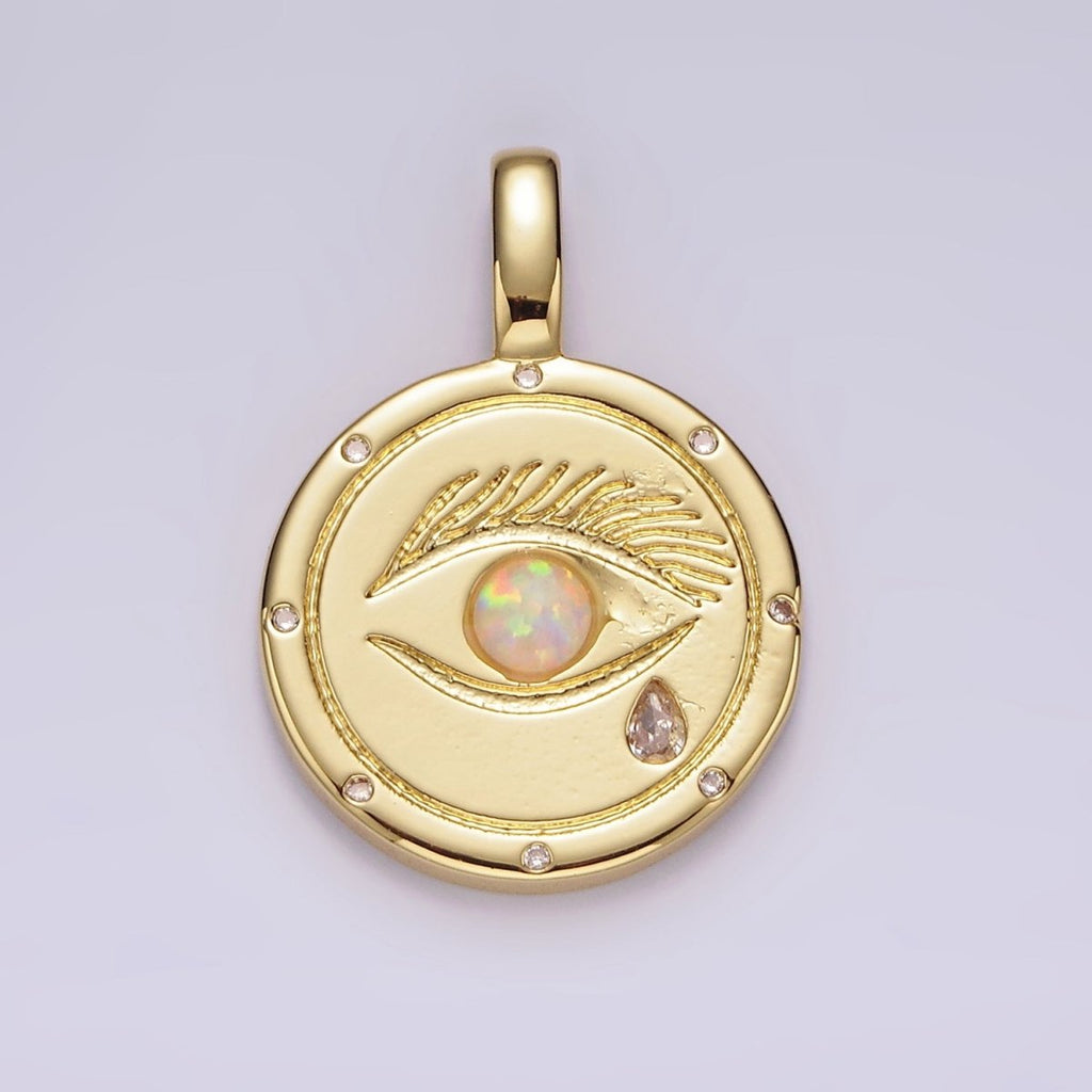 14K Gold plated White, Blue Opal Eyes Teardrop CZ Dotted Outline Pendant | AH036 AH037