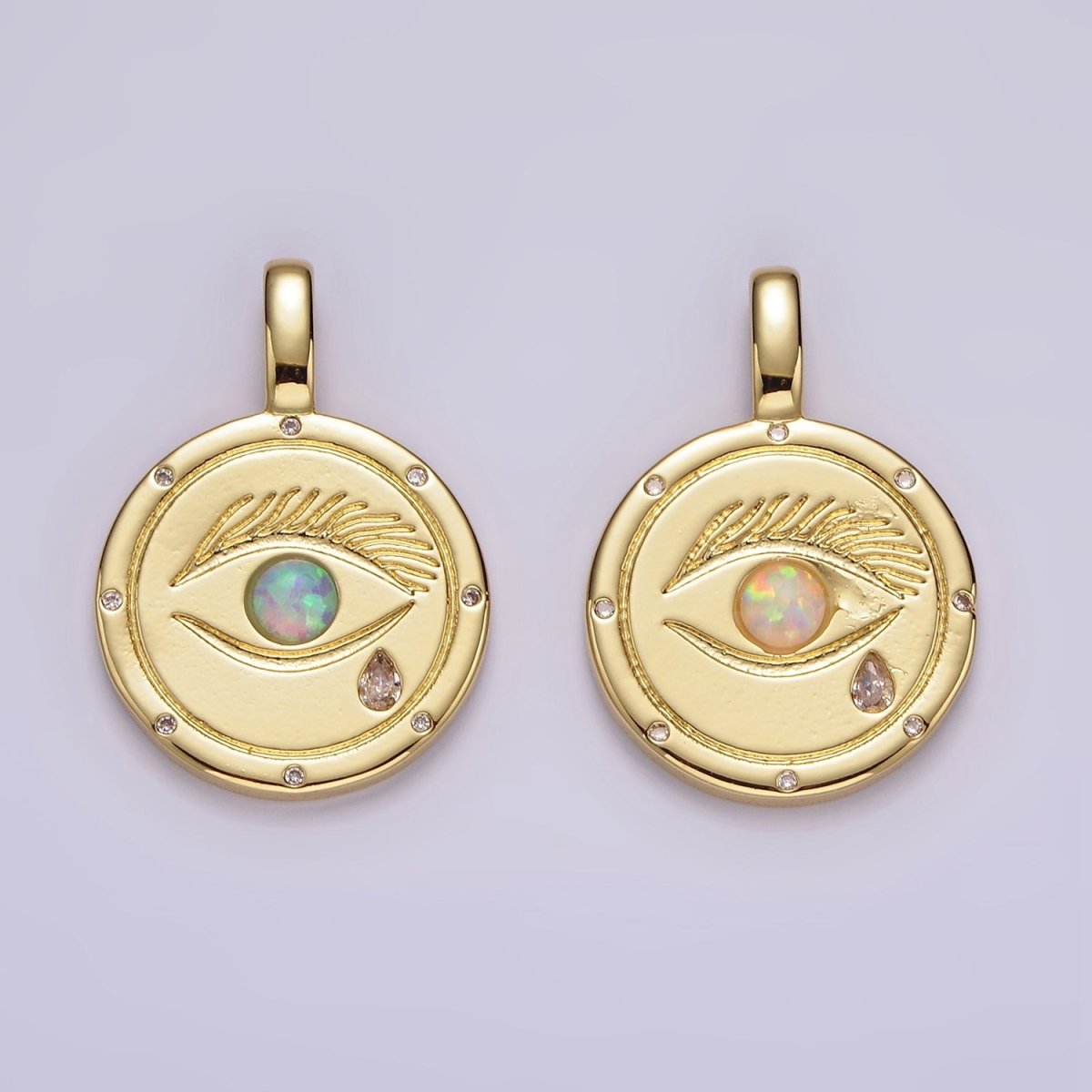 14K Gold plated White, Blue Opal Eyes Teardrop CZ Dotted Outline Pendant | AH036 AH037