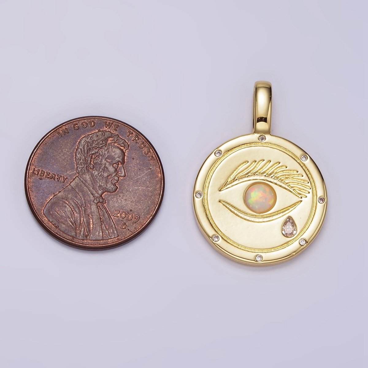 14K Gold plated White, Blue Opal Eyes Teardrop CZ Dotted Outline Pendant | AH036 AH037