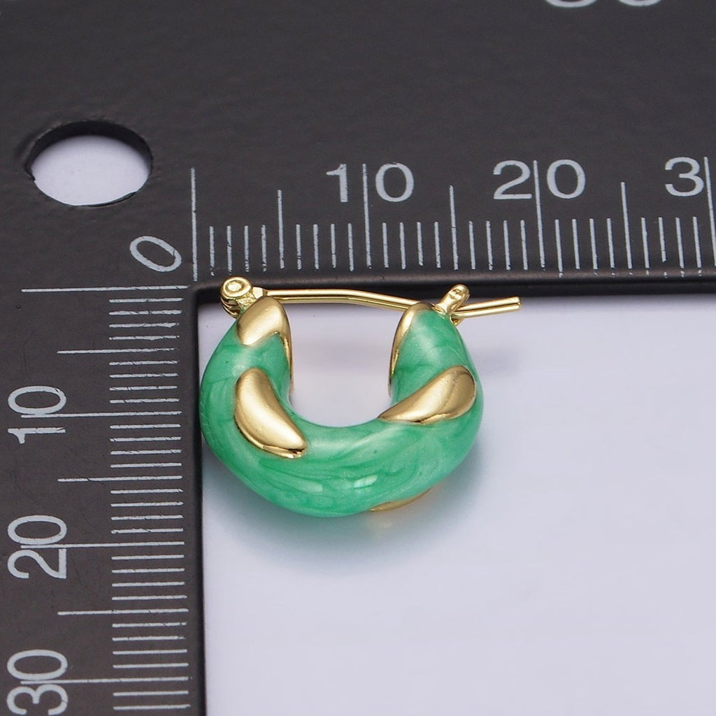 14K Gold plated White, Blue, Purple, Pink, Green Enamel Curved Line Chubby Latch Hoop Earrings | V-234 - V-237