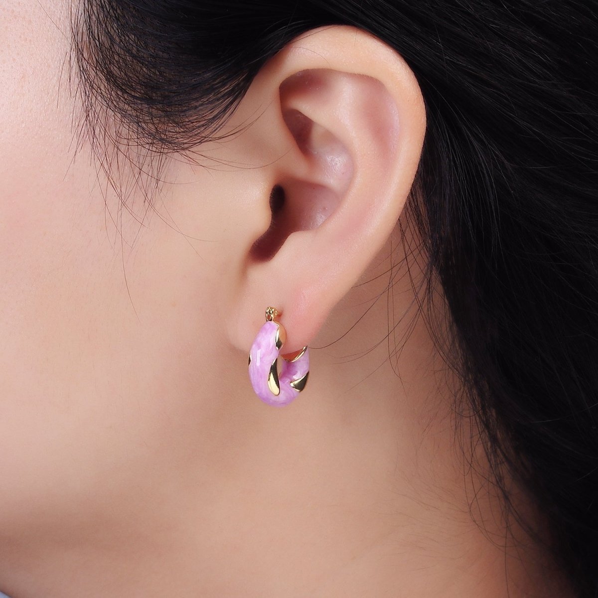 14K Gold plated White, Blue, Purple, Pink, Green Enamel Curved Line Chubby Latch Hoop Earrings | V-234 - V-237