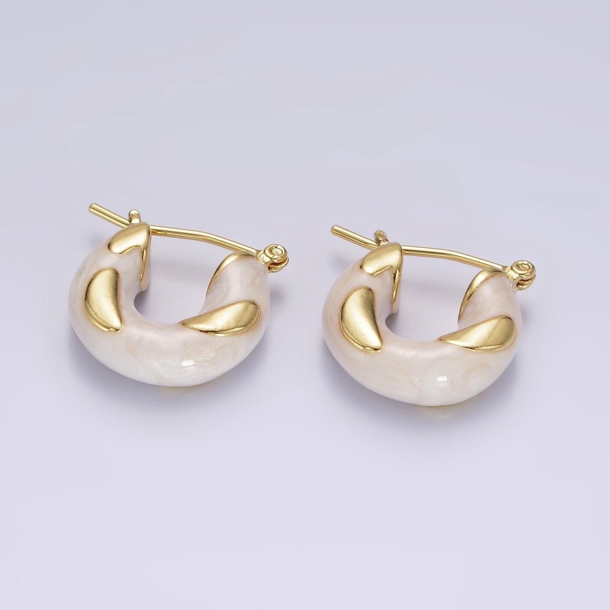 14K Gold plated White, Blue, Purple, Pink, Green Enamel Curved Line Chubby Latch Hoop Earrings | V-234 - V-237