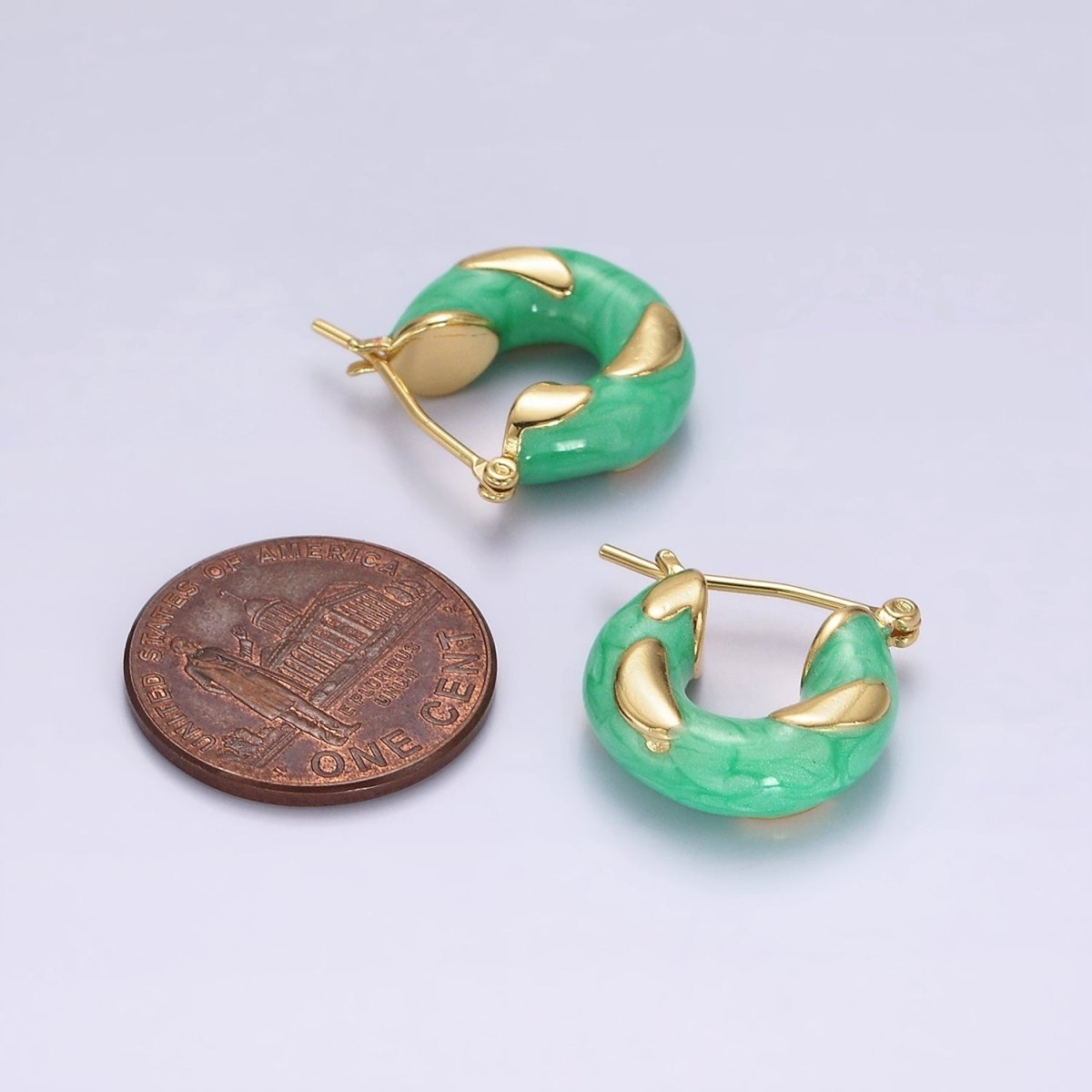 14K Gold plated White, Blue, Purple, Pink, Green Enamel Curved Line Chubby Latch Hoop Earrings | V-234 - V-237