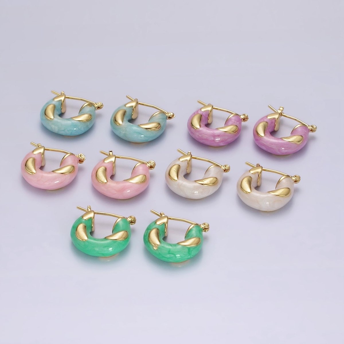 14K Gold plated White, Blue, Purple, Pink, Green Enamel Curved Line Chubby Latch Hoop Earrings | V-234 - V-237