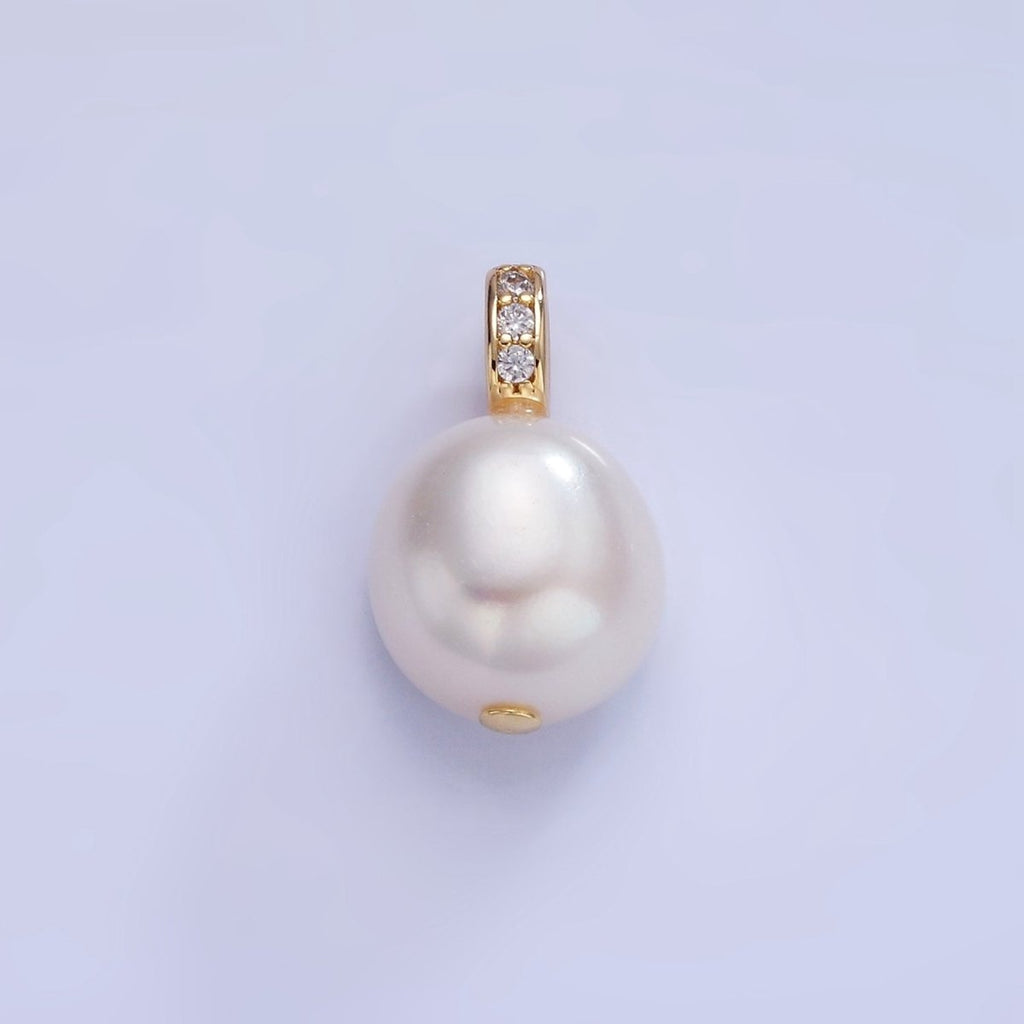 14K Gold plated White Freshwater Pearl Micro Paved CZ Bail Pendant | P1716