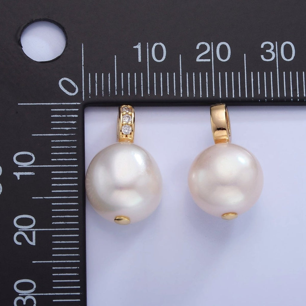 14K Gold plated White Freshwater Pearl Micro Paved CZ Bail Pendant | P1716