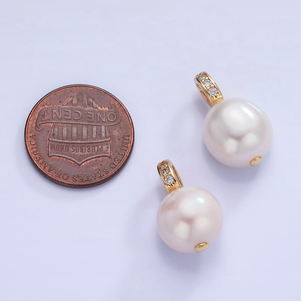 14K Gold plated White Freshwater Pearl Micro Paved CZ Bail Pendant | P1716