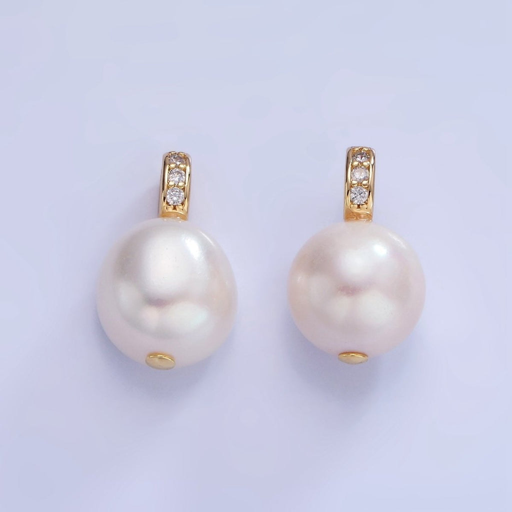 14K Gold plated White Freshwater Pearl Micro Paved CZ Bail Pendant | P1716