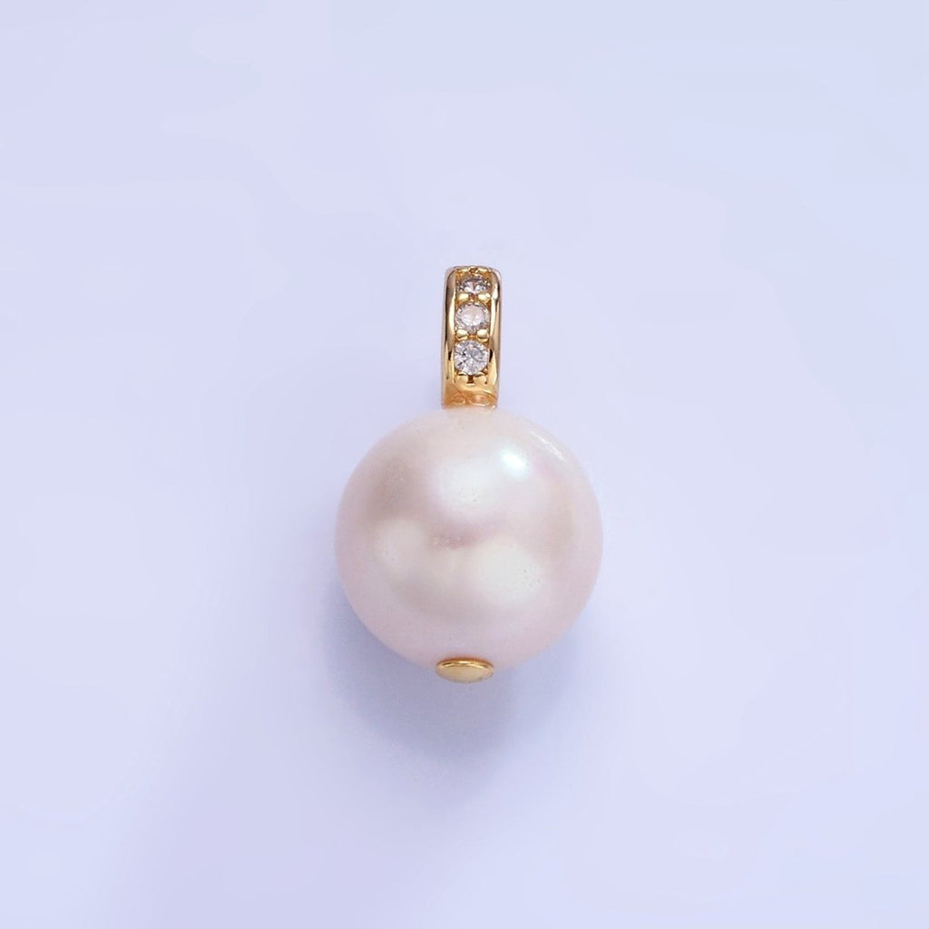 14K Gold plated White Freshwater Pearl Micro Paved CZ Bail Pendant | P1716