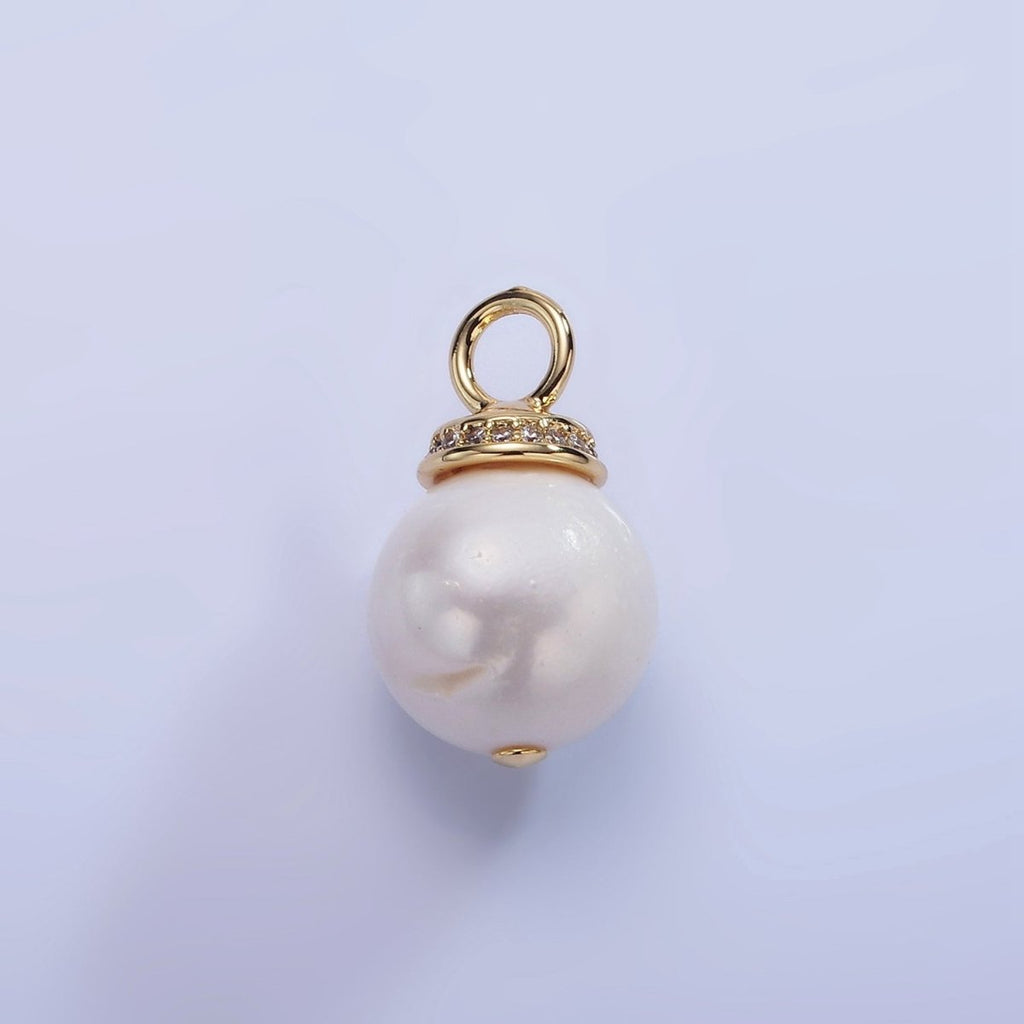 14K Gold plated White Freshwater Pearl Micro Paved CZ Drop Bail Pendant | P1710 - DLUXCA