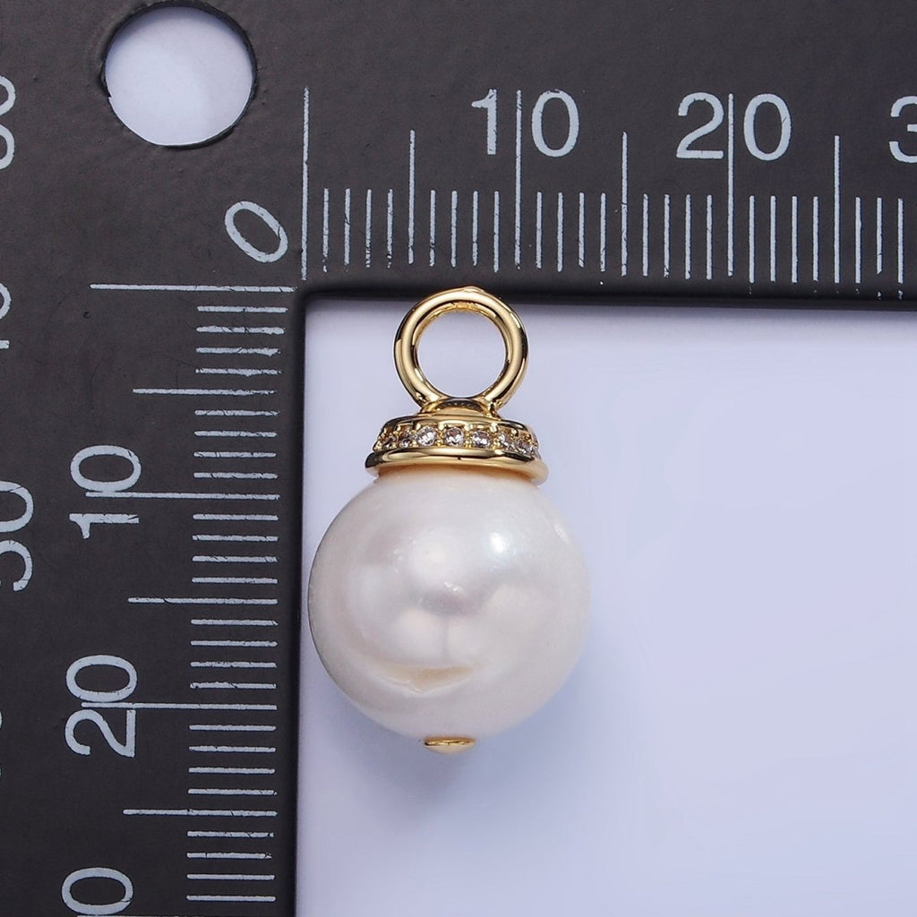 14K Gold plated White Freshwater Pearl Micro Paved CZ Drop Bail Pendant | P1710 - DLUXCA