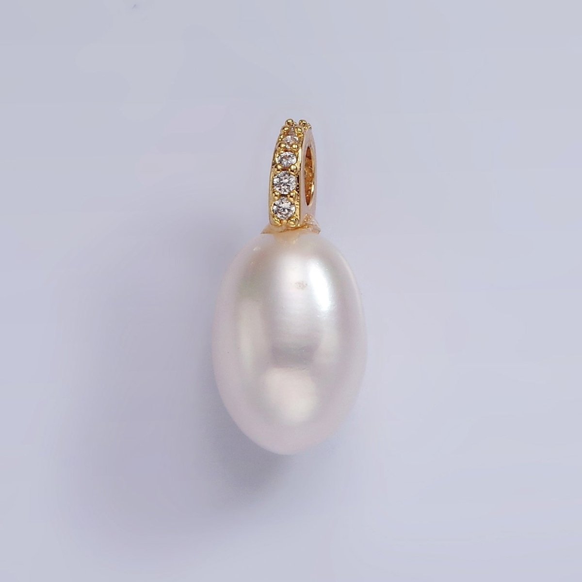 14K Gold plated White Freshwater Pearl Oval Micro Paved CZ Bail Drop Pendant | P1657 - DLUXCA