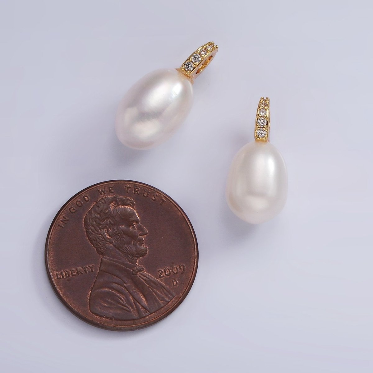 14K Gold plated White Freshwater Pearl Oval Micro Paved CZ Bail Drop Pendant | P1657 - DLUXCA