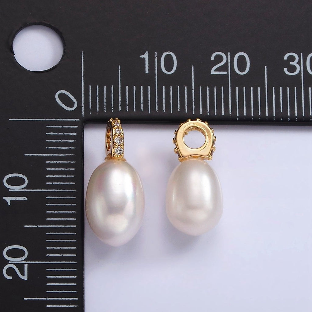 14K Gold plated White Freshwater Pearl Oval Micro Paved CZ Bail Drop Pendant | P1657 - DLUXCA