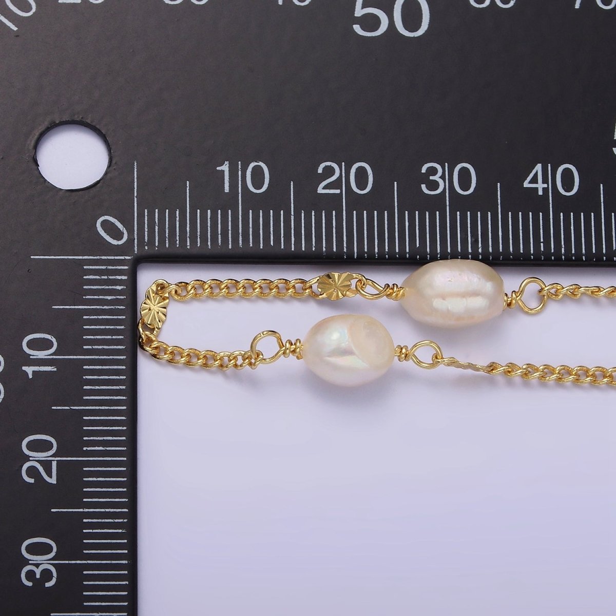 14K Gold plated White Freshwater Pearl Sunburst Curb Unfinished Jewelry Making Chain | ROLL-1412 Clearance Pricing - DLUXCA