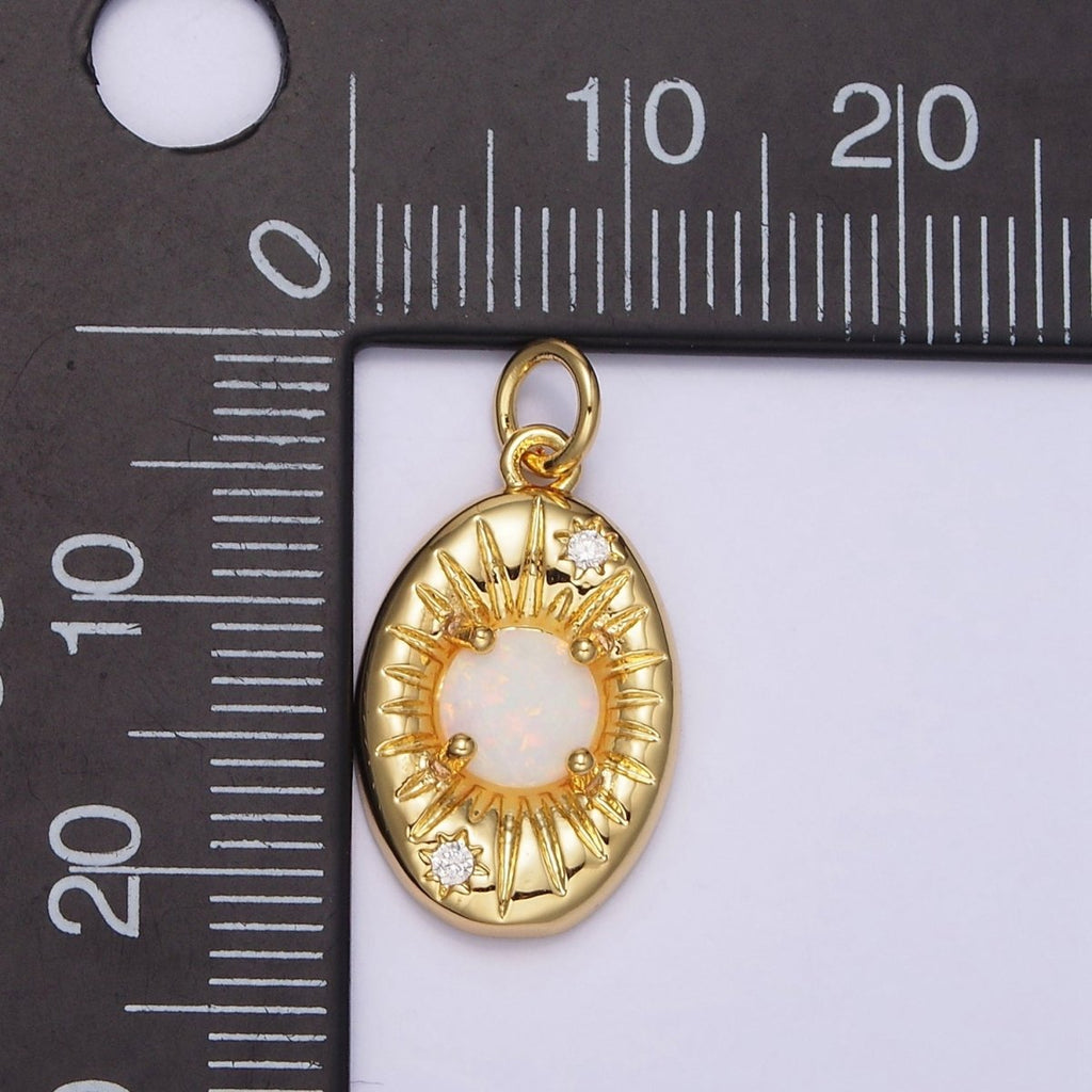 14K Gold plated White Opal Lined Celestial Sun CZ Oval Charm | N992 - DLUXCA