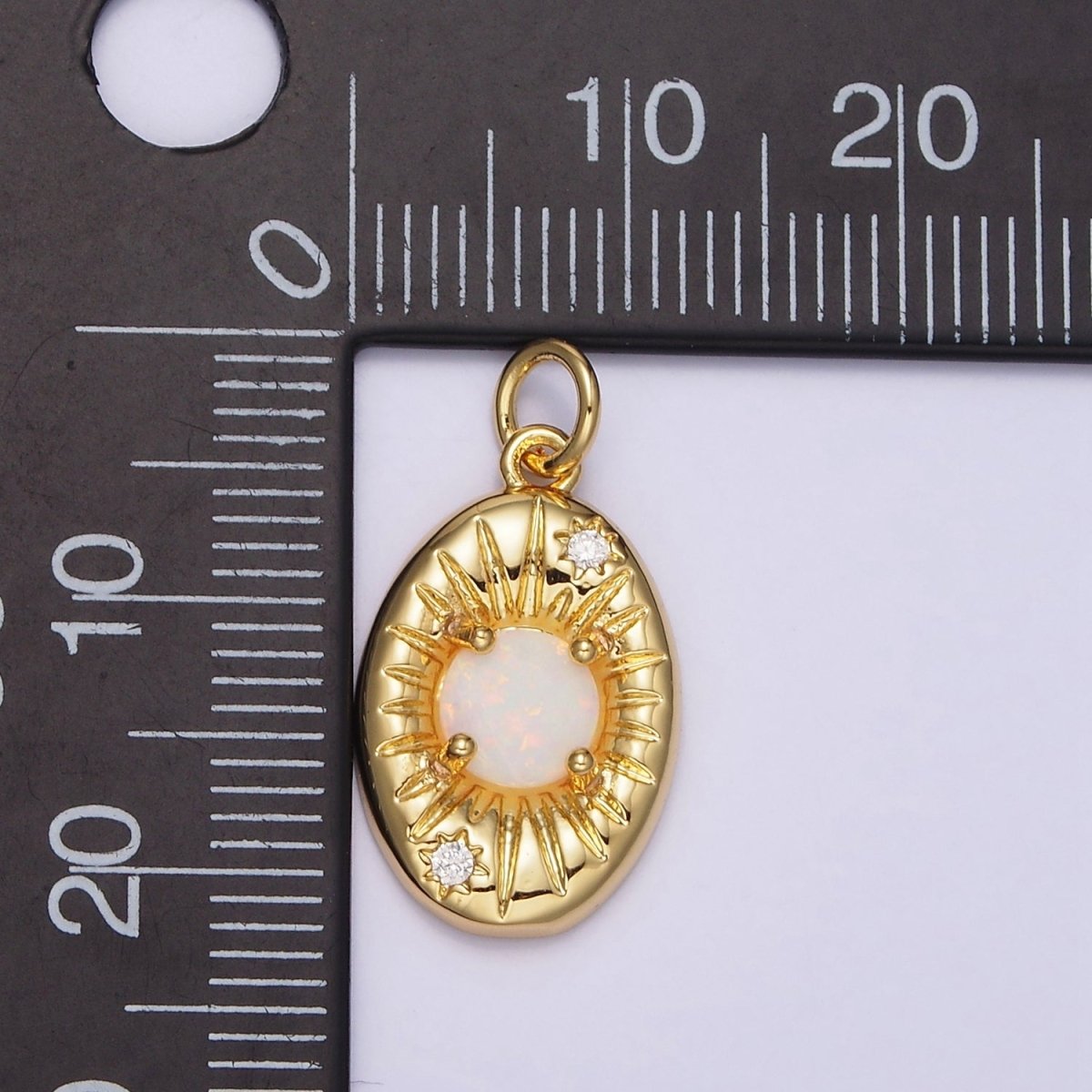 14K Gold plated White Opal Lined Celestial Sun CZ Oval Charm | N992 - DLUXCA
