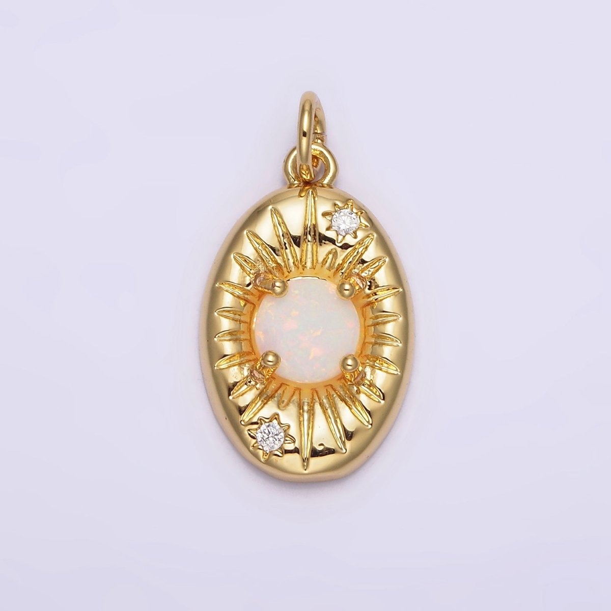 14K Gold plated White Opal Lined Celestial Sun CZ Oval Charm | N992 - DLUXCA