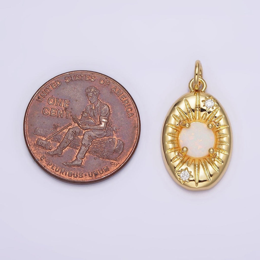 14K Gold plated White Opal Lined Celestial Sun CZ Oval Charm | N992 - DLUXCA