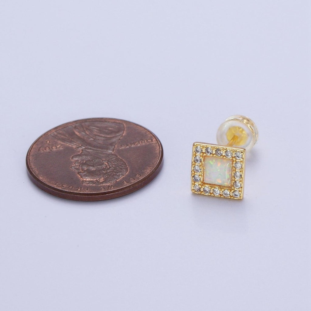 14K Gold plated White Opal Micro Paved CZ Square Stud Earrings | Y-090 - DLUXCA