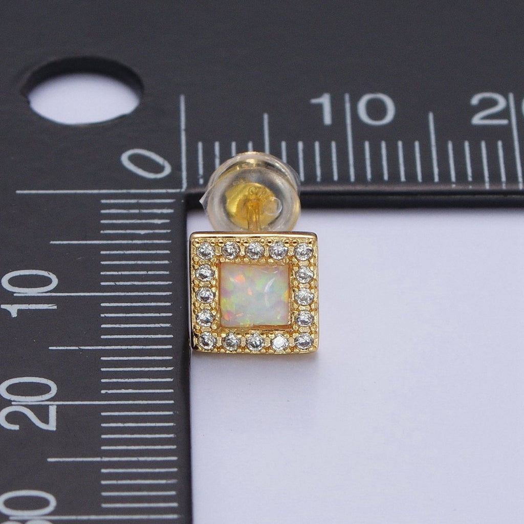 14K Gold plated White Opal Micro Paved CZ Square Stud Earrings | Y-090 - DLUXCA